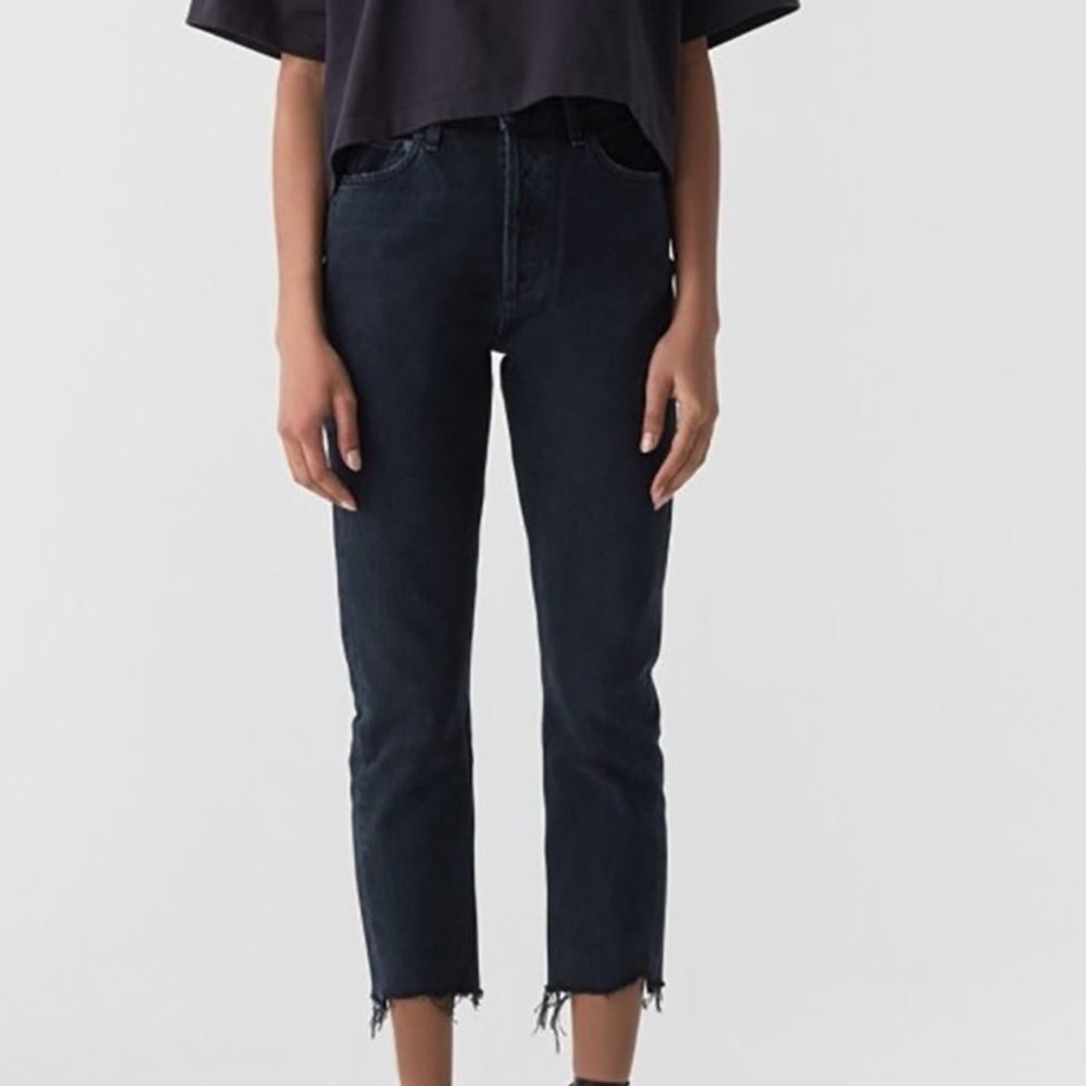 AGOLDE Black High Rise Straight Leg Crop Jeans Raw Hem Button Fly Size 25
